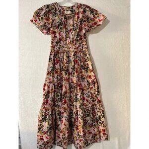 Anthropologie Floral Midi Dress Tiered Smocked Waist Flutter Sleeve Pink